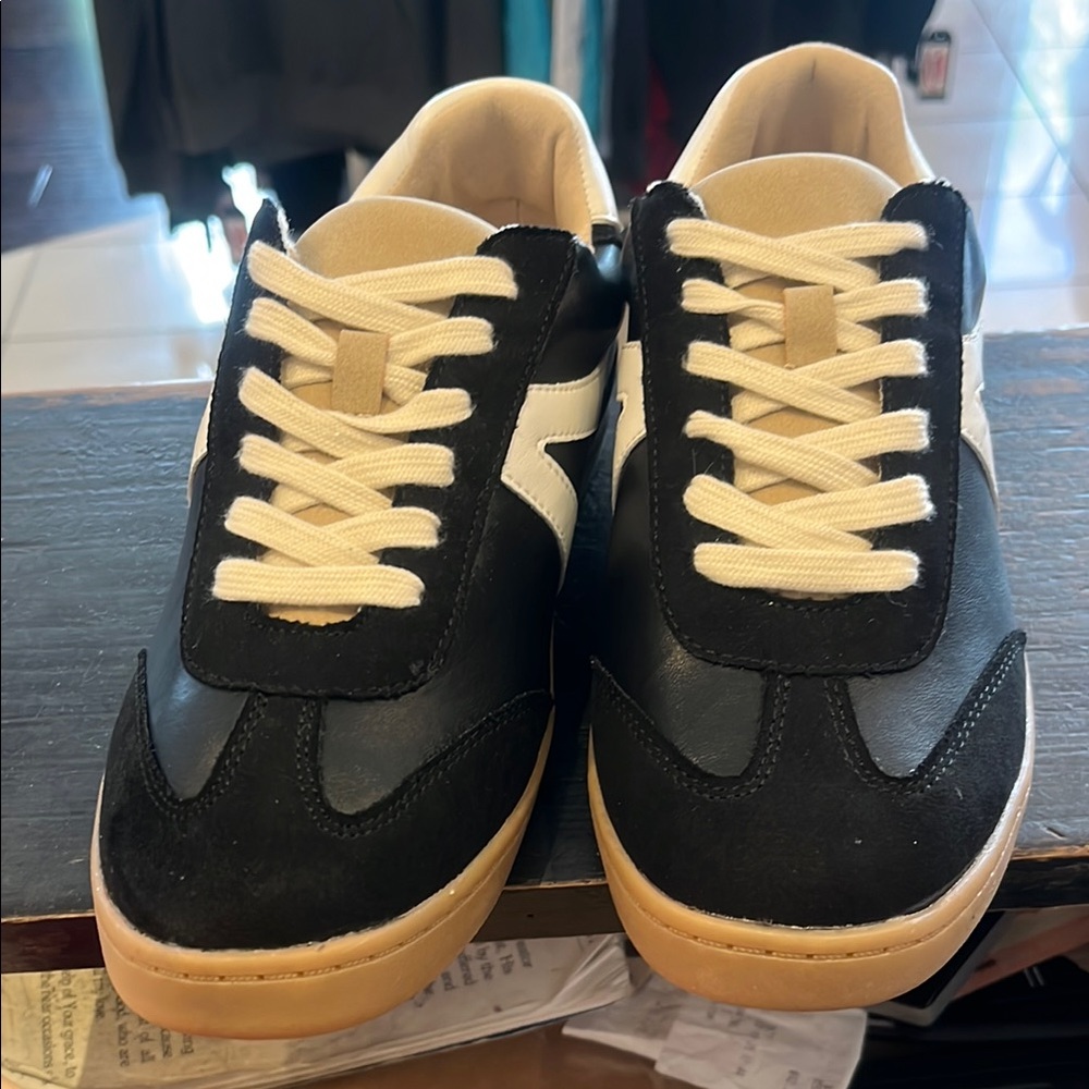Black and White Sneakers with Tan Soles soda brand
